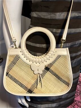 Etienne Aigner Woven Straw & Leather Handle Bag